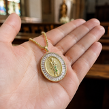Oval Baguette Cubic Zirconia Saint Jude Medal Necklace, Gold Plated Brass St. Jude Pendant Religious Jewelry