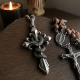 S925 Silver Serpent Cross Pendant Necklace with Green Gemstone