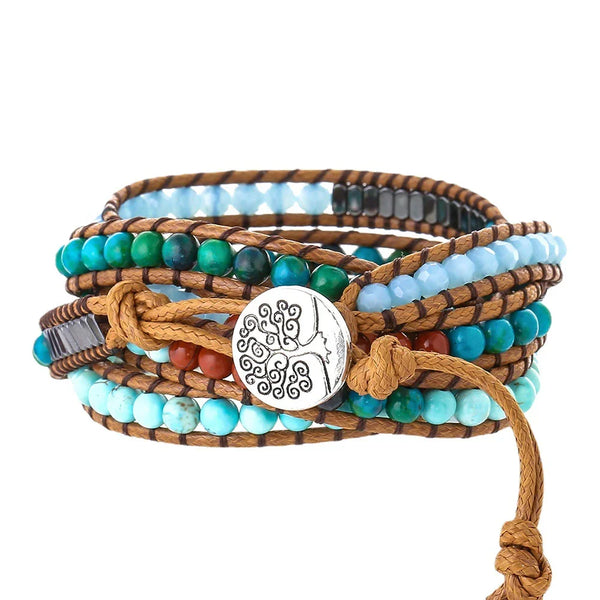 Multi-Layered Hand-Woven Natural Crystal Stone Leather Tree of Life Guardian Bracelet - BGCOPPER