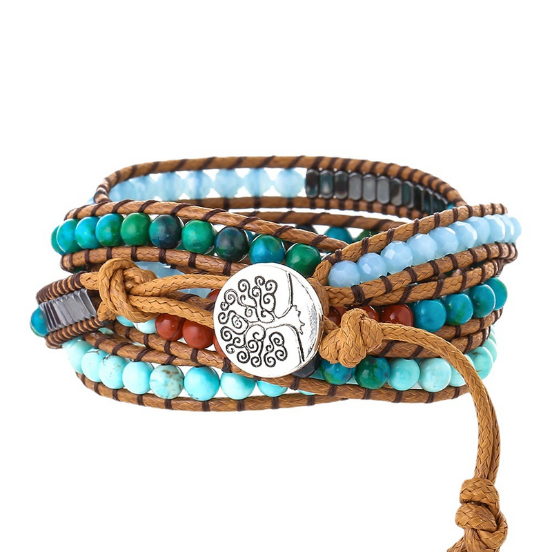 Multi-Layered Hand-Woven Natural Crystal Stone Leather Tree of Life Guardian Bracelet