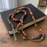 Catholic Colorful Rose Rosary Necklace – Prayer Beads with Crucifix