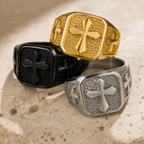 Triple Sides Embossed Cross Hammered Texture Stainless Steel Men’s Signet Ring