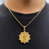 Gold Octagonal Star CZ Our Lady of Guadalupe Necklace, 3D Embossed Radiant Titanium Steel Religious Pendant Box Chain for Men
