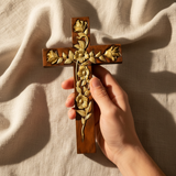 Hand-Carved Rose Cross Wall Art ✝️🌹 | Solid Beechwood Christian Decor with Golden Flowers