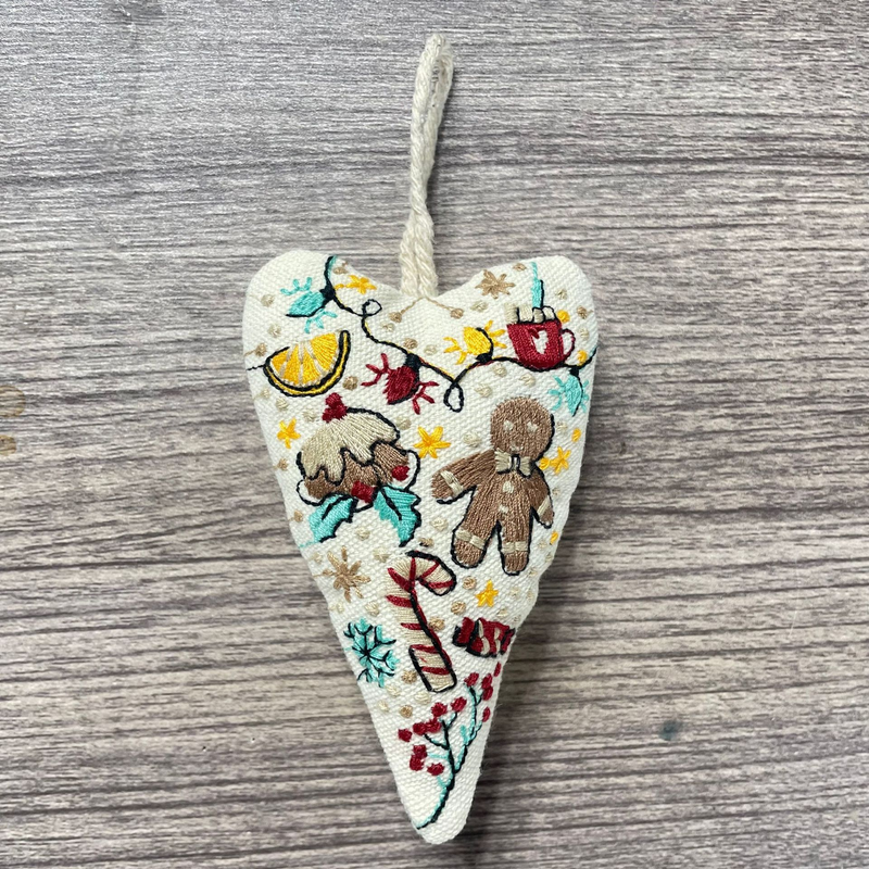 Hand-Embroidered Christmas Heart Ornaments - Reindeer/Gingerbread Man Design for Christmas Tree