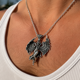Vintage Archangel Stainless Steel Necklace, 3D Embossed Angel Pendant Box Chain for Men