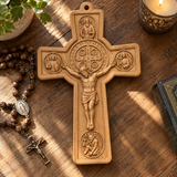 Hand-Carved Beechwood Saint Benedict Protection Crucifix – Christian Wall Cross