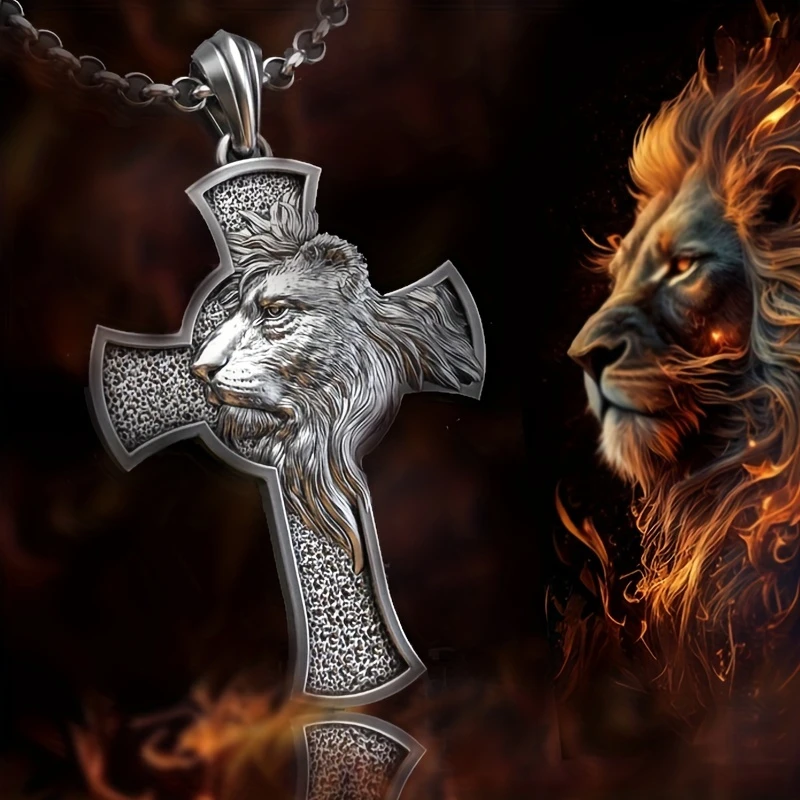 S925K Silver Lion's Head Cross Necklace