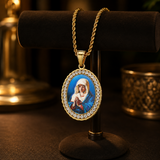 Iced Oval Praying Virgin Mary Portrait Pendant Necklace, 316L Stainless Steel Gold Plated Our Lady Medal Necklace With Rope Chain Religious Jewelry