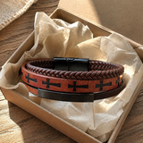 Multi‑Layer Braided Cross Printed Men Leather Bracelet, Vintage PU Leather Magnetic Clasp Religious Wrist Jewelry