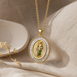 Oval Baguette Cubic Zirconia Saint Jude Medal Necklace, Gold Plated Brass St. Jude Pendant Religious Jewelry