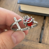 Sacred Heart of Jesus Thorn Flame Cross Adjustable Open Ring