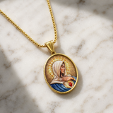Enamel Immaculate Heart Virgin Mary Oval Gold Stainless Steel Necklace