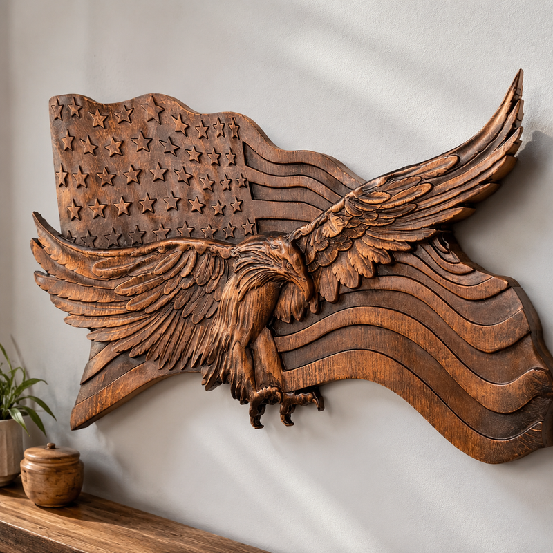 Hand holding carved wooden eagle wall plaque showing realistic size