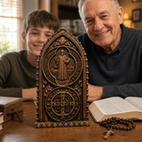 Hand-Carved Beechwood St. Benedict Medal Desktop Ornament