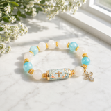 Chalcedony Cross Beaded Bracelet, Vintage Religious Printed Tube Bead Faith Jewelry for Women