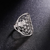 Cutout Flower of Life Mandala Ring for Women Sacred Geometry Ring Statement Stainless Steel Hollowed Out Adjustable Band Ring Jewelry