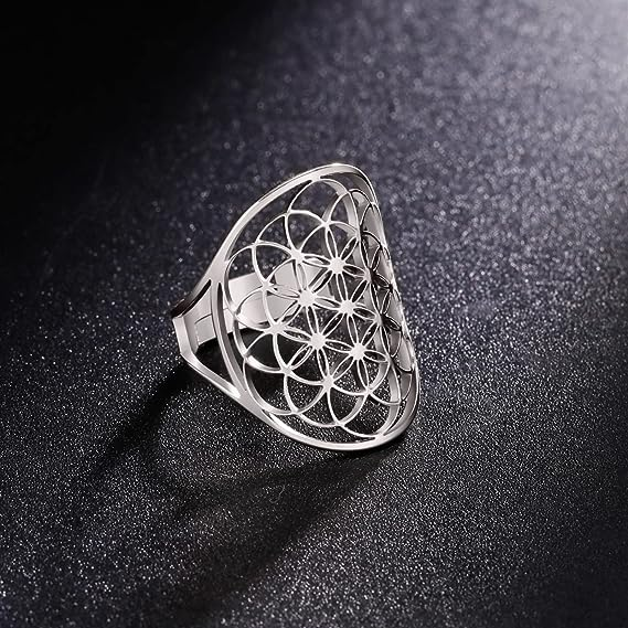 Cutout Flower of Life Mandala Ring for Women Sacred Geometry Ring Statement Stainless Steel Hollowed Out Adjustable Band Ring Jewelry