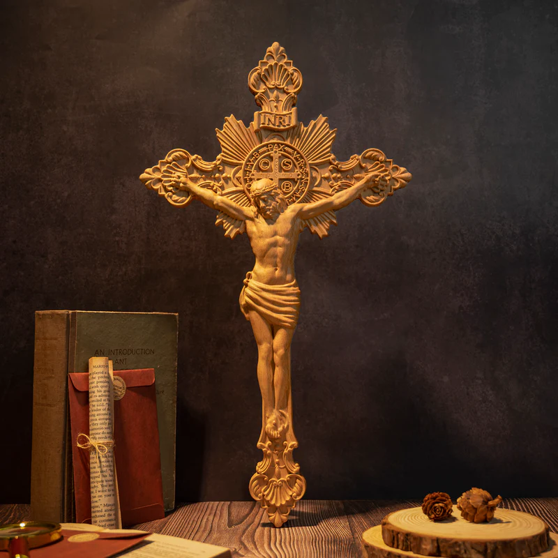 Wood carving of the Cross of the Order of Saint Benedict - with base