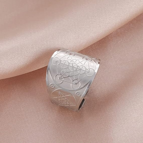 Amaxer Metatron’s Cube Ring for Men Stainless Steel Vintage Sacred Geometry Spiritual Protection Amulet Ring Statement Band for Men Women