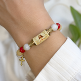 Chalcedony Cross Beaded Bracelet, Vintage Religious Printed Tube Bead Faith Jewelry for Women
