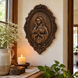 Hand-Carved Virgin Mary Prayer Wall Plaque – Ornate Beechwood Catholic Religious Decor,