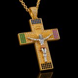 Multicolor Zircon Jesus Crucifix Gold‑Tone Stainless Steel Necklace