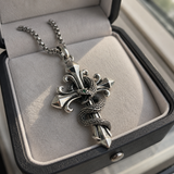 S925 Silver Serpent Cross Pendant Necklace with Green Gemstone