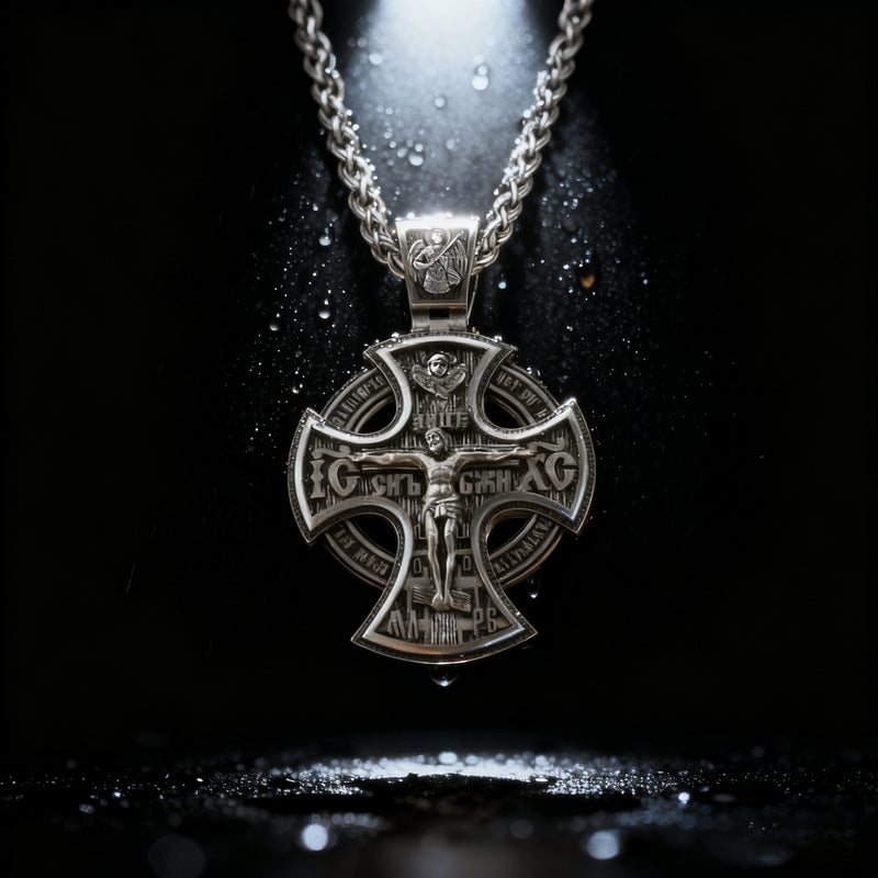 Double Sided 925 Sterling Silver Religious Pendant - Crucifixion of Christ & St. Michael Medal - Choose from 5 Chain Styles - Free Polishing Cloth