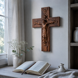 Hand-Carved Beechwood Holy Trinity Crucifix Wall Cross – Christian Home Prayer Decor - gift presentation