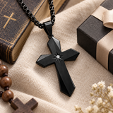 North Star Faceted Cross Necklace – Titanium Steel Christian Pendant with CZ, 24-Inch Chain
