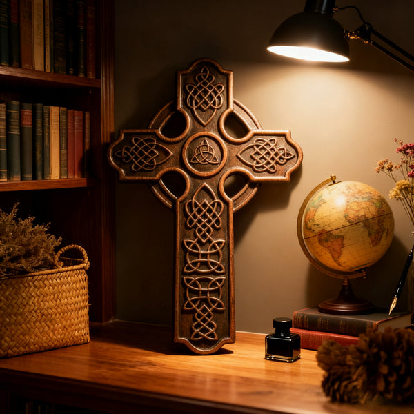 Solid Beechwood Celtic Cross - Hand-Carved Christian Wall Cross - Meaningful Religious Gift