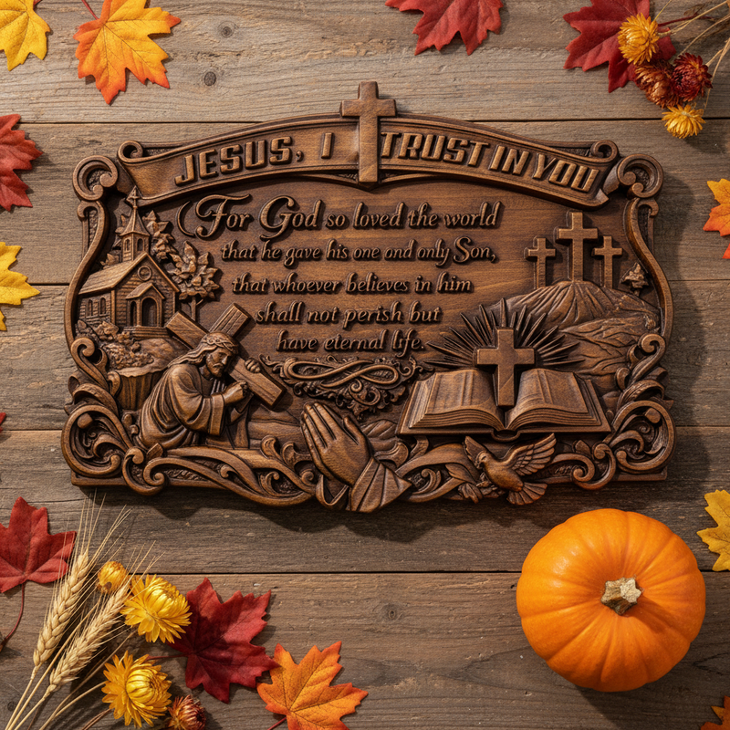 Jesus I Trust in You Wood Carving Full View