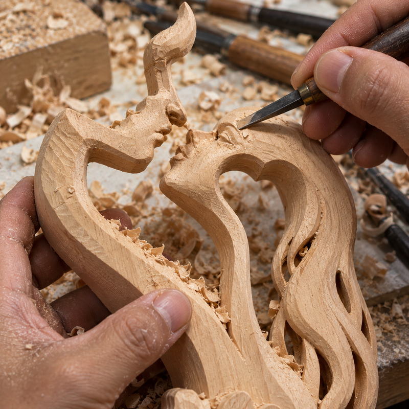 Artisan carving Christian wooden couple sculpture