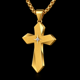 Faceted Eight Point North Star CZ Inlay Stainless Steel Cross Necklace