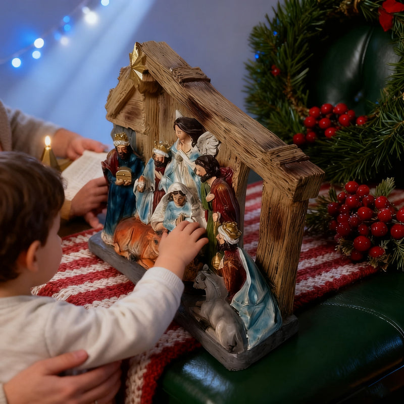 Hand-Painted Nativity Set, Vintage Holy Family Christmas Scene, Resin Manger Statue for Holiday Decor - Emmanuel "God With Us" Christmas Crèche