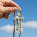 Gold-Plated Copper Crucifix Pendant with Jesus Christ and Religious Figures
