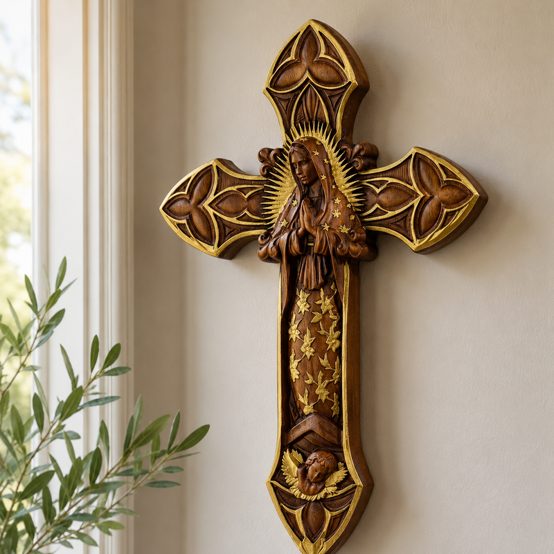 Our Lady of Guadalupe carved wooden cross displayed in a Catholic prayer space