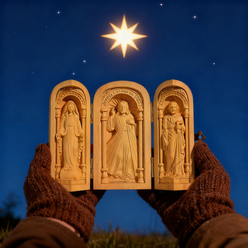 Hand-Carved Travel Triptych Altar: The Holy Family at Your Side