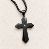 Faceted Eight Point North Star CZ Inlay Stainless Steel Cross Necklace
