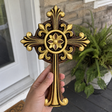 Hand-Carved Beechwood Ornate Cross – Gold Accented Christian Wall Cross