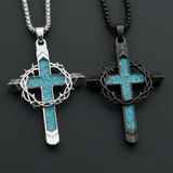 Crown of Thorns Turquoise Cross Necklace – Christian Faith Pendant with 24″ Chain