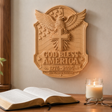 God Bless America Wooden Wall Plaque – Hand-Carved Beechwood Eagle Cross Decor, 1776–2026 250th Anniversary