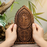 Hand-Carved Beechwood St. Benedict Medal Desktop Ornament