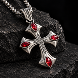 Vintage Red Zircon Cross Pendant Necklace, Religious Faith Men’s Necklace