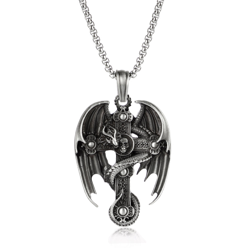 PURE TIN Drachen eingekreist Kreuz Silber Christian Männer Halskette