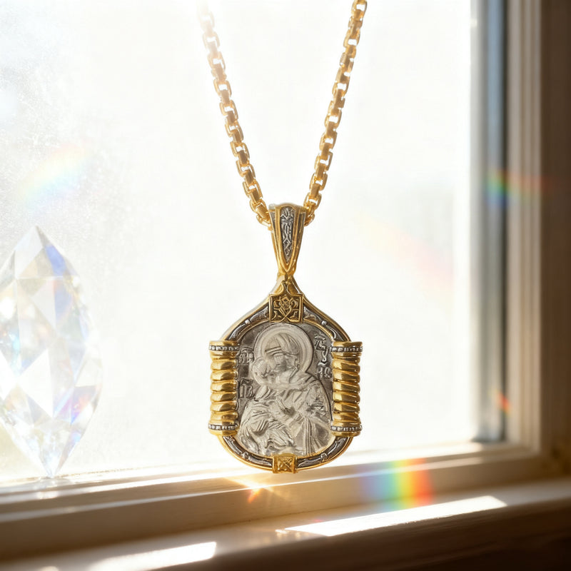 Handmade S925K Silver Madonna Holding Child Necklace