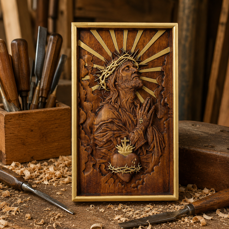 Sacred Heart of Jesus plaque displayed on a Christian home wall