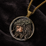Vintage 3D Enamel Crown of Thorns Jesus Face Medallion Stainless Steel Necklace
