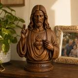 Hand-Carved Cypress Wood Sacred Heart of Jesus Statue – Christian Prayer & Home Devotional Decor